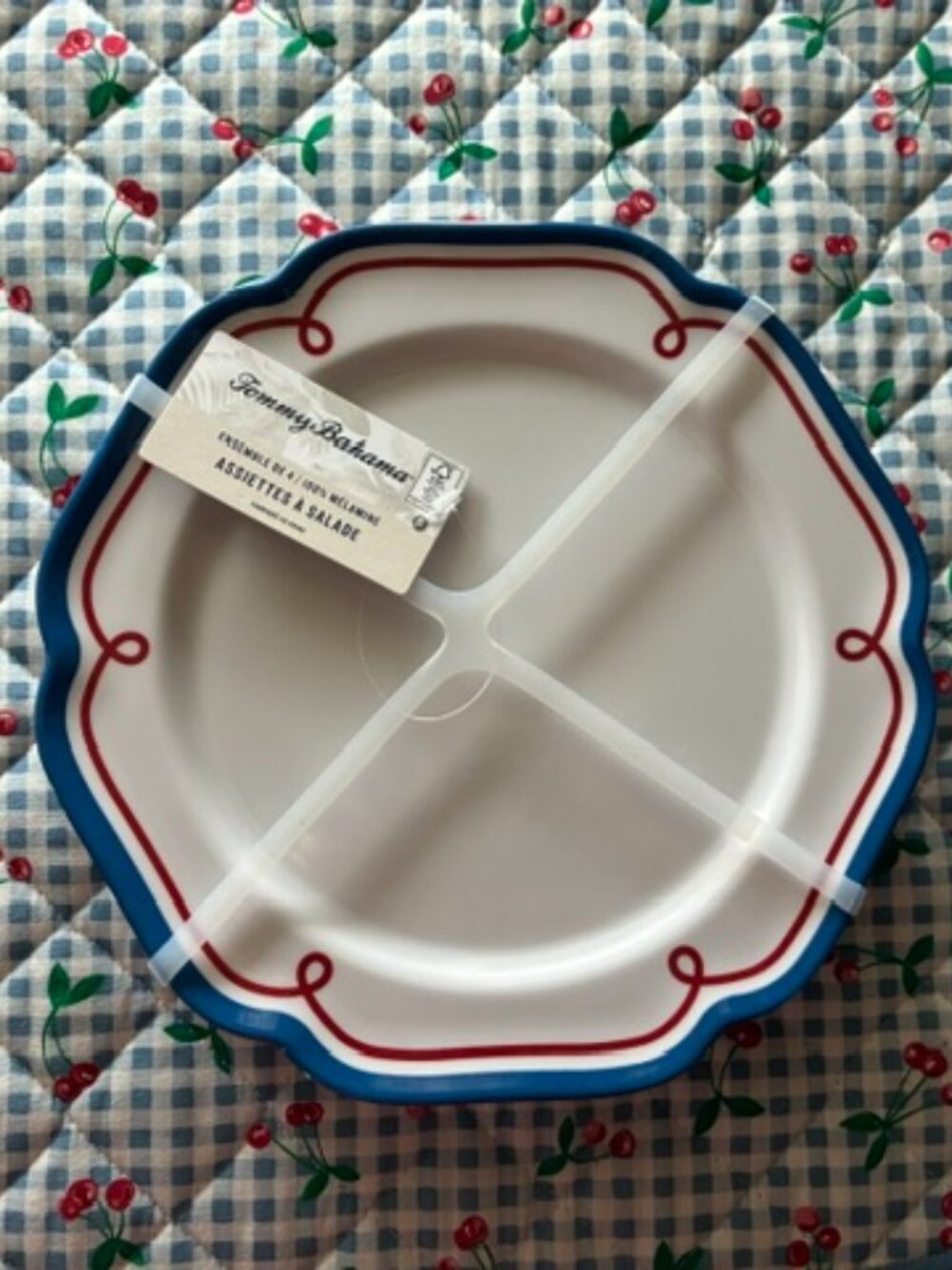 NWT Tommy Bahama * 4 Salad / Dessert MELAMINE PLATES * WHITE w RED & BLUE Edging